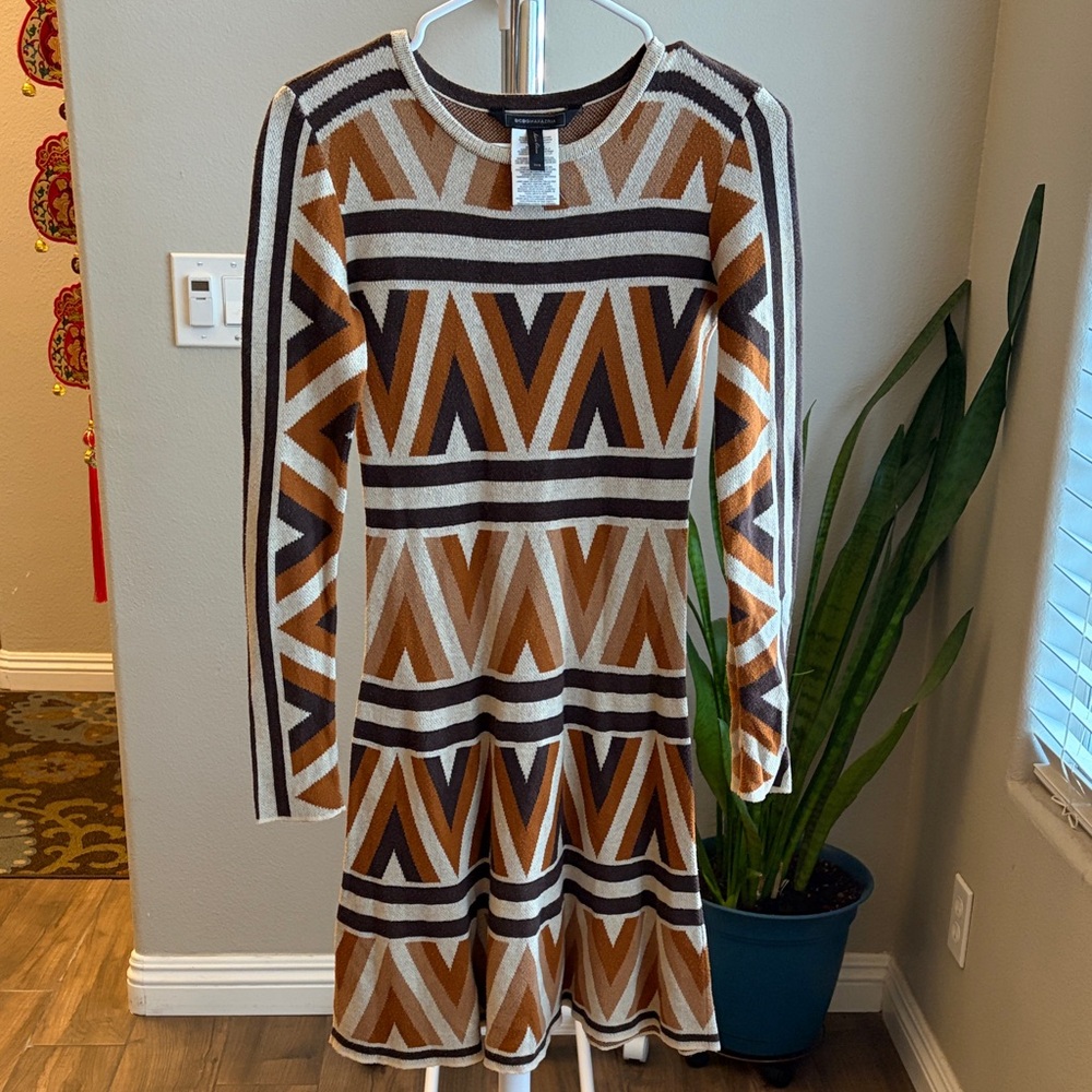 BCBGMaxAzria Chevron Knit Sweater Dress in Brown and Cream